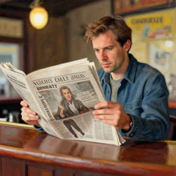 man reading newspaper in a bar, pastels