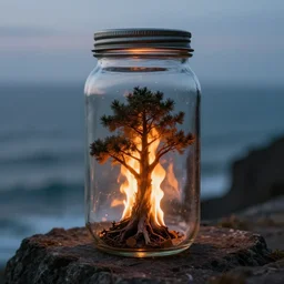 glass jar with a burning tree inside, standing on a cliff, bokeh, ocean in the background, dramatic lighting, hyperrealistic, volumentric lighting, highly detailed