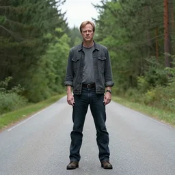 Dean Winchester standing on the road in a pine forrest, photo, 4k, high detailed,