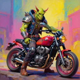 a scifi post apocalyptic orc biker posing with a motorcycle, psychedelic vibrant colors, futuristic punk rock fashion, oil painting by michael whelan art, sharp focus, realistic, highly detailed, 8 k
