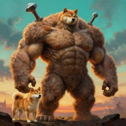 muscular humanoid hybrid shiba inu with weapon and anthropomorphic human oversized mutant proportions and very hairy body , backlight  body , extreme very textured detailed intricate  painting by rembrandt, sunset, dramatic clouds cyan atmosphere