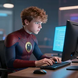 homelander superhero from the boys typing on computer, digital art, 8 k, high detail