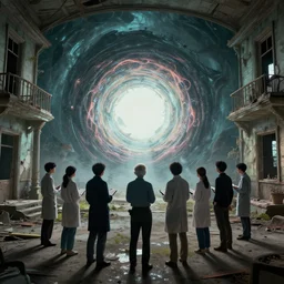 wide - shot photo of a group of scientists looking at an eldritch dimensional portal inside an abandoned house by shaun tan, taking notes, codachrome, 8 k, hd, highly detailed,