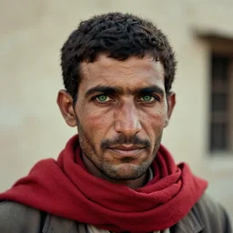 portrait of john adams as afghan man, green eyes and red scarf looking intently, photograph by steve mccurry