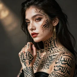 A person covered in tattoos of calligraphy