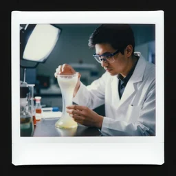 A man analyzing a glass filled with slime in a laboratory, studio light, polaroide photo
