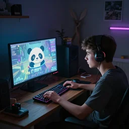 a teenage panda playing video games on a computer, dim lights, the room is lit by the monitor digital art, untidy room