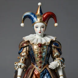 “portrait of Hisoka Morow porcelain doll like jester as a medieval jester, studio lighting hyperreal photograph royal painting”