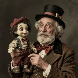 hyper realistic old photography of lunatic mad ventriloquist old man with terrific haunted puppet