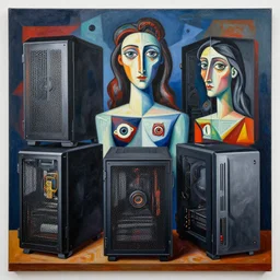 intricate five gaming pc by pablo picasso, oil on canvas, hdr, high detail, photo realistic, hyperrealism, matte finish, high contrast, 3 d depth, centered, masterpiece, vivid and vibrant colors, enhanced light effect, enhanced eye detail, artstationhd
