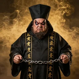 dressed in black robes and high hats, robes with golden characters, fat, fierce - looking, devilish, eyes, big red eyes, shackles in his hands, surrounded by this fine golden smoke