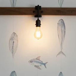 barn light with edison lightbulb hanging from wall with blowfish wall paper, low light setting, natural lighting