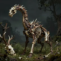 photograph of a horrifying nature monster made of animal parts, tree parts, bones, antlers and an extremely long neck, in a meadow, nightmare, designed by ken barthelmey, dramatic lighting, full frame photography