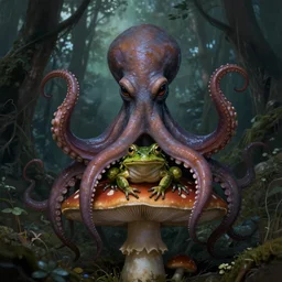cthulhu octopus frog sitting on mushroom, full body shot, highly detailed, forest, dark, digital painting, concept art, sharp focus, illustration, masterpiece, matte painting, glorious, unsettling, by lovecraft and greg rutkowski, luis royo and wayne barlowe, artstation