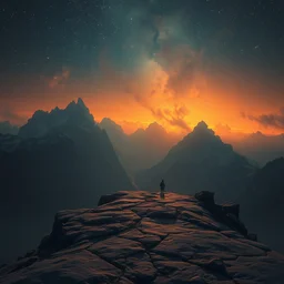 it is lonely at the edge of the world, melancholic, vibrant night sky, warm lighting, cinematic, highly detailed, masterpiece by craig mullins, ruan jia, greg rutkowski, rembrandt, caravaggio, beeple