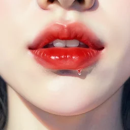 extreme closeup, pale face with plump red lips, dripping watercolor painting