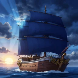 one piece ship sailing, dark blue stormy ksy, sun sunset, with blue light piercing through clouds, makoto shinkai, royal blue colors, lighting refraction, volumetric lighting, pixiv art, highly detailed, anime art, symmetrical, wlop, anime art