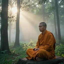 buddhist monk in the forest, morning, Fresh, sun rising through the mist