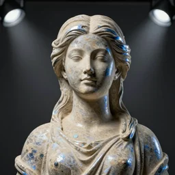 statue of a perfect woman, sandstone, silver, blue steel, soft!!, ( desgined by apple ), studio photo, octane render, studio lights, macro lens