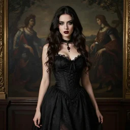 beautiful brunette argentinian - italian girl professional photo shoot, gothic dress, suggestive classic painting