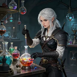 cyberpunk alchemy laboratory full of potions, ciri from the witcher it's in the lab. by jeremy mann and alphonse mucha, photo realistic, dynamic lighting, artstation, poster, volumetric lighting, highly detailed faces, 4 k, award winning