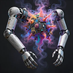 a beautiful matte painting of the cybernetic symbiosis surgical robots arms made of intricately detailed hand carved 3 d mandelbulb cybernetic motherboards and brilliantly colored fractal cybernetic symbiosis volumetric smoke, art by clint cearley and peter paul rubens, f 1 6, trending on artstation