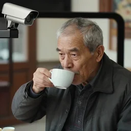 a cctv camera view of a old man driking coffe