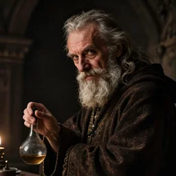 portrait of an old, medieval alchemist in the dark, he is turned to the left side, and looking into the camera maliciously, maliciously!!!. chiaroscuro lighting, fantasy, detailed, photorealistic portrait by michael komarck, greg rutkowski, victo ngai, artgerm and j. dickenson