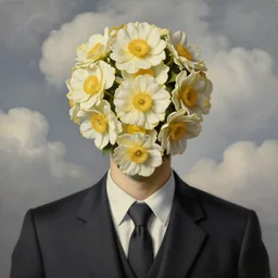 portrait of a faceless beautiful flowers - head man in a suit, clouds in the background, by rene magritte, detailed painting, distance, centered, hd, hq, high resolution, high detail, 4 k, 8 k