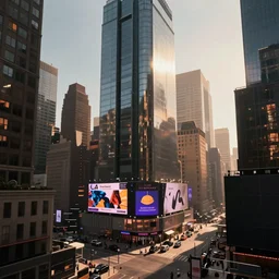 huge modern downtown city, billboards, advertisements, Times Square, small buildings, dark, concept art, digital painting, style of Ralph Mcquarrie, warm lighting, futuristic, volumetric lighting, street view, daytime, godrays , high detail