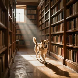 Running dog in a library
