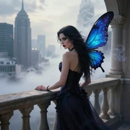 hyperrealistic portrait of amber as a vampire witch, shot over her shoulder on a classic stone balcony, sapphire butterfly wings, mystical misty smoke, skyscrapers above the clouds. author : jeremy mann, alma tadema, greg rutkowski, alphonse mucha and william - adolphe bouguereau, james gurney, photorealistic, dynamic lighting, artstation, illustration, volumetric lighting