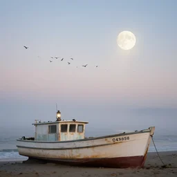 swarm of birds, laguna beach in california, an old fishing boat with a lantern, moon rays, fog, fuzzy iridescent glare, lush fog, deep blue mood, contemporary archival color photograph print from the original negative, by stanley kubrick