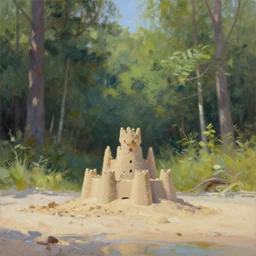 beautiful forest with sand castle on the shore, clear sharp oil paint highly detailed ethereal, by trending on artstation