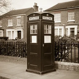 photo of a metropolitan police box in front of houses in suburban london, police box, 1936, sepia