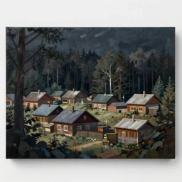 A beautiful painting of russian village in dark forest, trending on artstation,matte painting