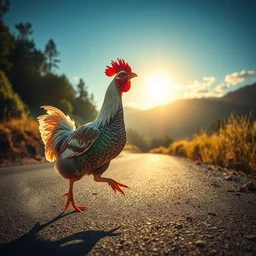 chicken running on a road to the sun