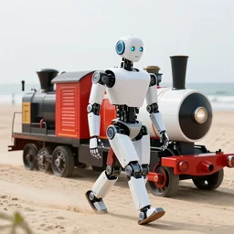 a robot train with legs strolling slowly on the beach. live action