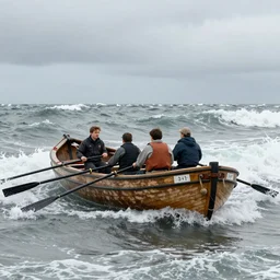 A rustic lifeboat with oarsmen in turbulent see, by Gregory Crewdson