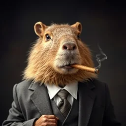 a photo of a ( ( ( capybara ) ) ) wearing a suit smoking a cigar
