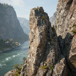 a closeup photorealistic photograph of a rock tower next to the mountain river, fantastic four theme. bright scene. fine detail. this 4 k hd image is trending on artstation, featured on behance, well - rendered, extra crisp, features intricate detail, epic composition and the style of unreal engine.