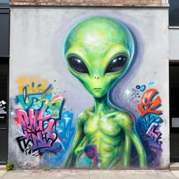 a graffiti mural depicting an alien painted by jeff koons