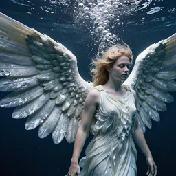 underwater photo of an angel by trent parke, close up, huge bubbles, metallic patterns, clean, detailed