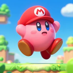Kirby with mario hat doing a cartwheel in mushroom kingdom hyrule
