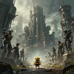 small creature standing in the foreground of a massive steampunk city by Greg Rutkowski, beeple, Sung Choi, Mitchell Mohrhauser, Maciej Kuciara, Johnson Ting, Maxim Verehin, Peter Konig, Bloodborne , 8k photorealistic, cinematic lighting, HD, high details, dramatic, atmospheric