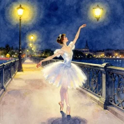 a hiper intricate watercolor of a beautiful ballerina walking at midnight by the light of the street lights on the bridge extremely detailed, sharp focus, wide view, smooth, digital illustration, colorfull, by edgar degas