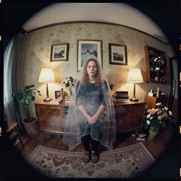 kodak portra 4 0 0, wetplate, fisheye, award - winning portrait by britt marling, 1 9 5 0 s room, ghost, picture frames, shining lamps, dust, smoke, 1 9 5 0 s furniture, wallpaper, carpet, books, muted colours, wood, fog, plants, flowers