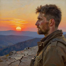 lone soldier watching the sunset over cracked mountain, oil painting, detailed face, intricate details, by vasnetsov