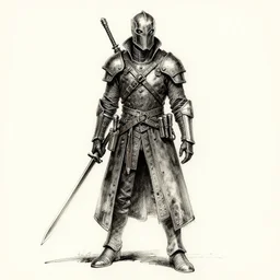 beautiful ink sketch, dieselpunk high fantasy, a heroic warrior in a coat by barron storey