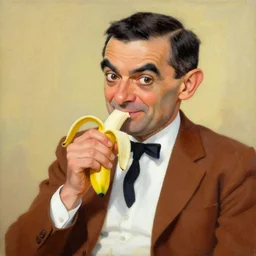A painting of Mr Bean eating a banana, by Giger